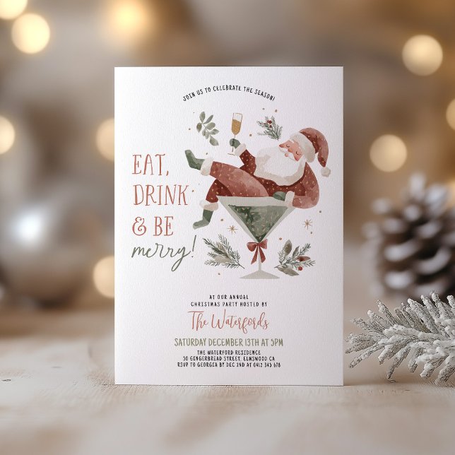 Invitation Noël Party Santa Martini  (Eat Drink & Be Merry! A fun Christmas Party invite with Santa in a Martini Glass )