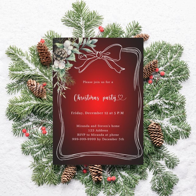 Invitation Noël Party sapin verdure ruban rouge (Créateur téléchargé)