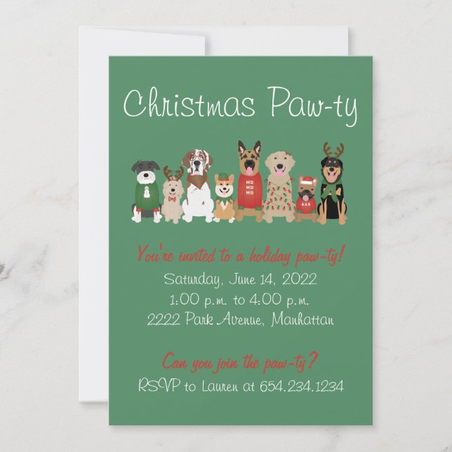 Invitation Noël Pawty Chien de vacances Rouge Vert (Devant)