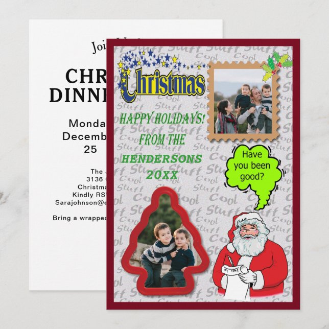 Invitation Noël Père Noël & Arbre Ajouter Deux Photos Vacance (Devant / Derrière)