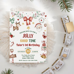 Invitation Noël Père Noël Jolly Bonne heure 1ère fête d'anniv