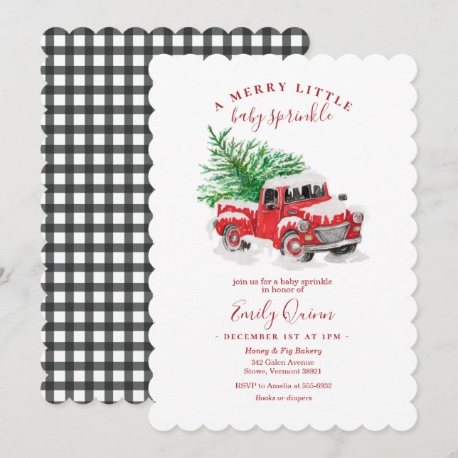 Invitation Noël Petit Camion Rouge Bébé Saupoudrer (Devant / Derrière)