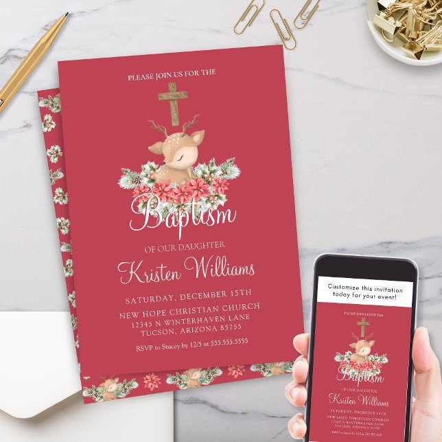 Invitation Noël Petit Cher Baptême Croix du baptême (Cute Little Dear Christmas Winter Baptism Invitaiton with Poinsettia and Pine Floral Script)