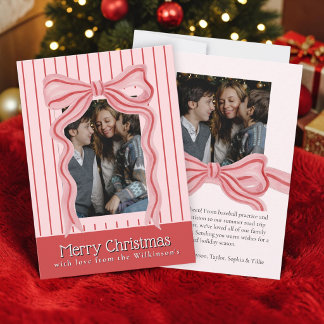 Invitation Noël Photo Ruban Aquarelle Rose Rayée
