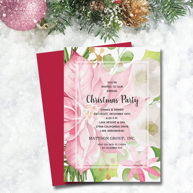 Invitation Noël Pink Poinsettia Floral (Christmas Holiday Pink Poinsettia Floral Invitations)