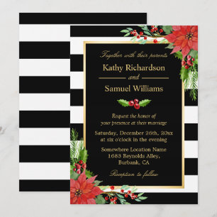 Invitation Noël Poinsettia Floral Black Stripes Mariage