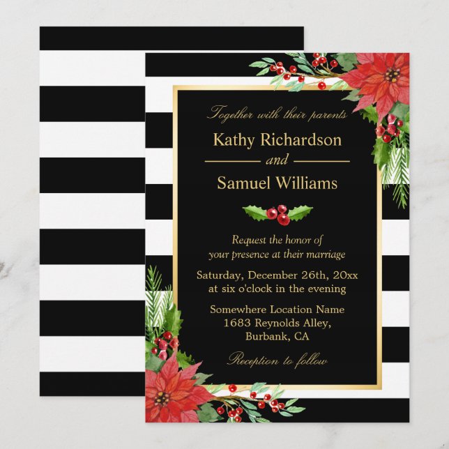 Invitation Noël Poinsettia Floral Black Stripes Mariage (Devant / Derrière)