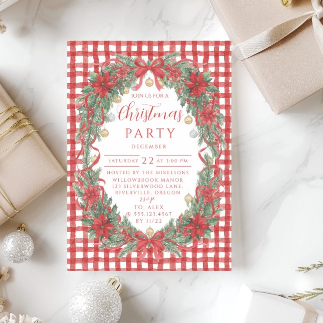 Invitation Noël Poinsettia Gingham Rustique (Créateur téléchargé)