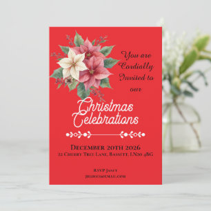 Invitation Noël Poinsettia Rose Blanc Fête