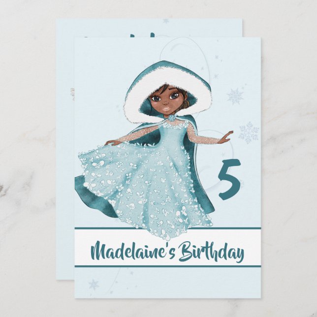 Invitation Noël Princesse Anniversaire Cheveux foncé Snowflak (Devant / Derrière)