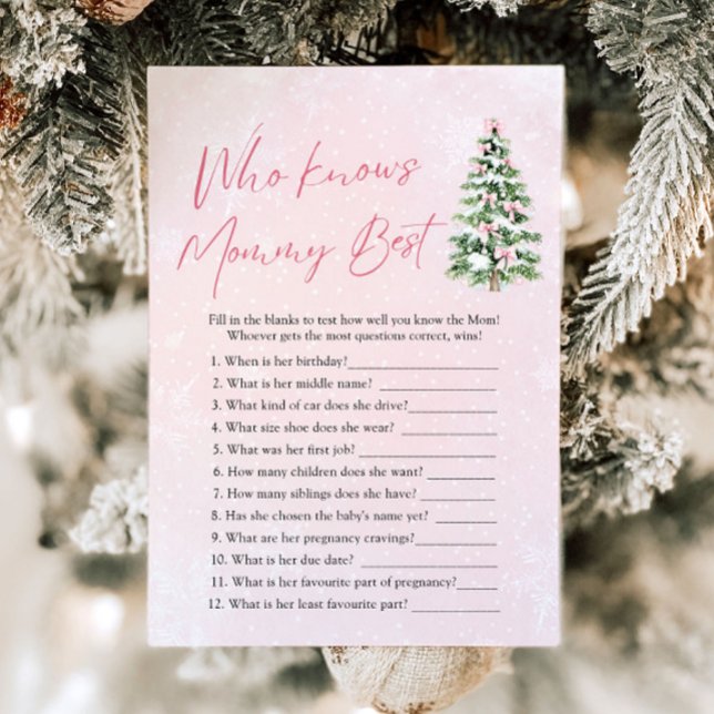 Invitation Noël Qui Connaît Maman Meilleur Baby shower Jeu (Pink Bows Christmas Who Knows Mommy Best Baby Shower Game )