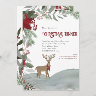 Invitation Noël Reindeer Red Berries Grey Foliing Neige
