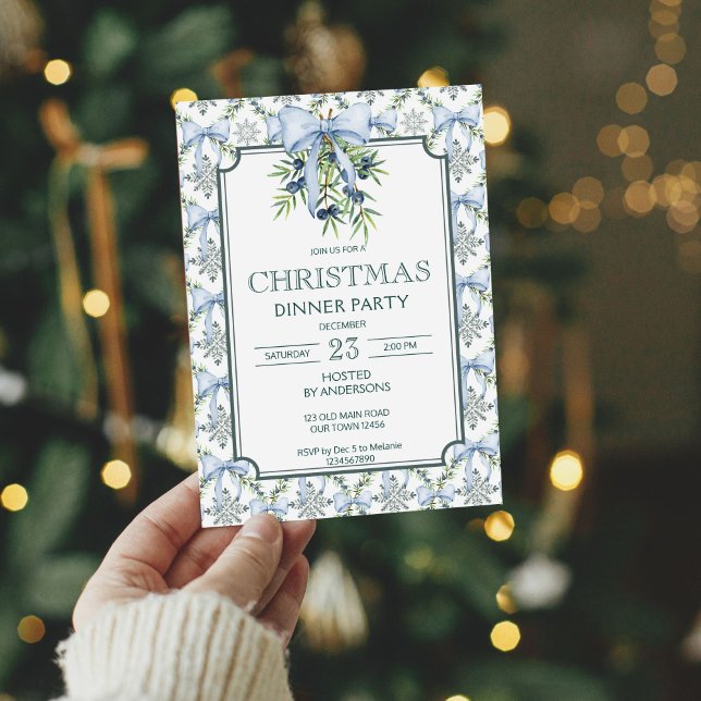 Invitation Noël rétro raypes grand-milenium dîner fête (Christmas retro pines blue bow grand millennial dinner party invitation cards template)