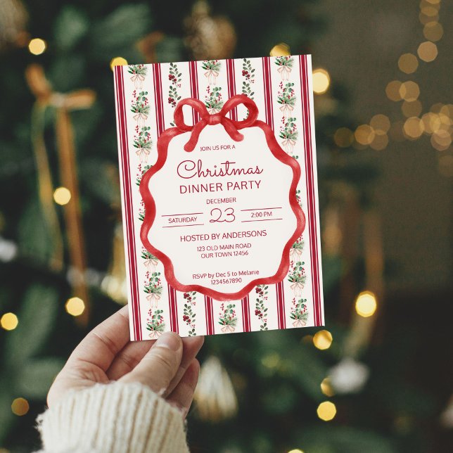 Invitation Noël rétro raypes grand-milenium dîner fête (Christmas party retro stripes grandmilenial bow wavy border dinner party invitation cardds template)
