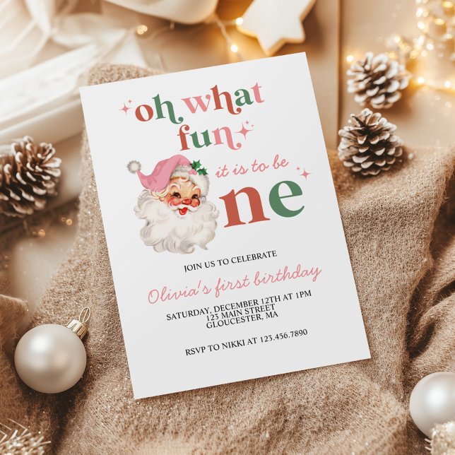 Invitation Noël rétro rose Santa Premier Anniversaire (Créateur téléchargé)