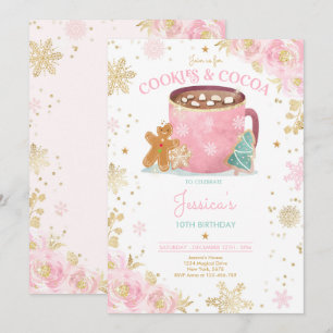 Invitation Noël rose et or Cookies et cacao Anniversaire