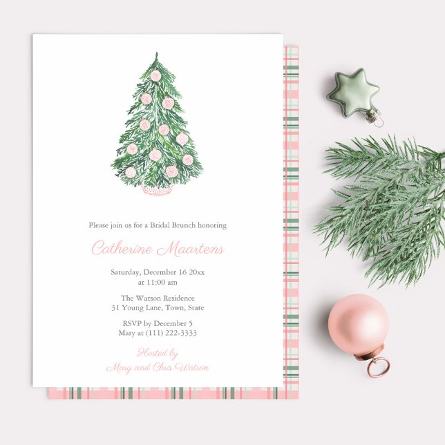Invitation Noël rose et vert Chinoiserie Brunch nuptial (Simple elegant pink and green chinoiserie Christmas Bridal Shower party invitation)