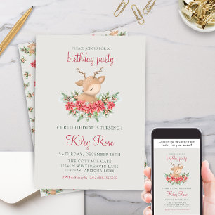 Invitation Noël rouge et vert Poinsettia Deer Anniversaire