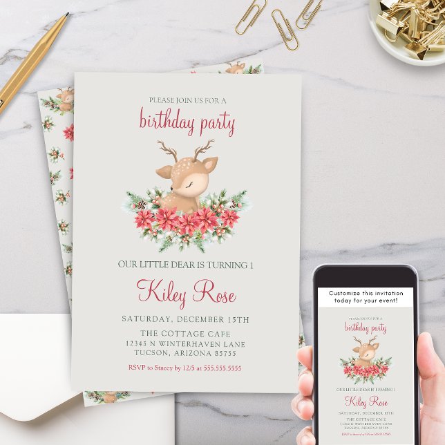 Invitation Noël rouge et vert Poinsettia Deer Anniversaire (Festive red and green little dear wonderland Christmas birthday party invitation for boy or girl)