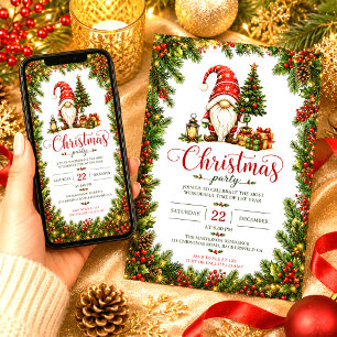 Invitation Noël Rouge Gnome Baies de Houx Arbre Noël
