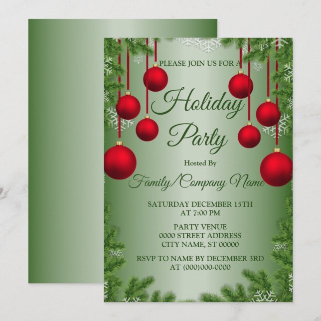 Invitation Noël Rouge Ornements Fête des Vacances Vertes (Devant / Derrière)