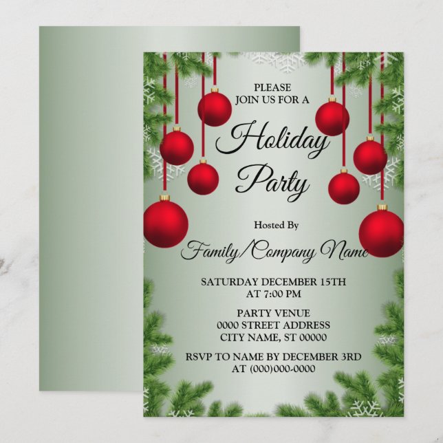 Invitation Noël Rouge Ornements Fête des Vacances Vertes (Devant / Derrière)