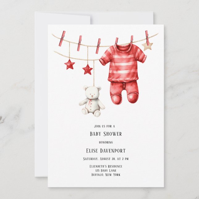 Invitation Noël Rouge ours en peluche Baby shower de la ligne (Devant)