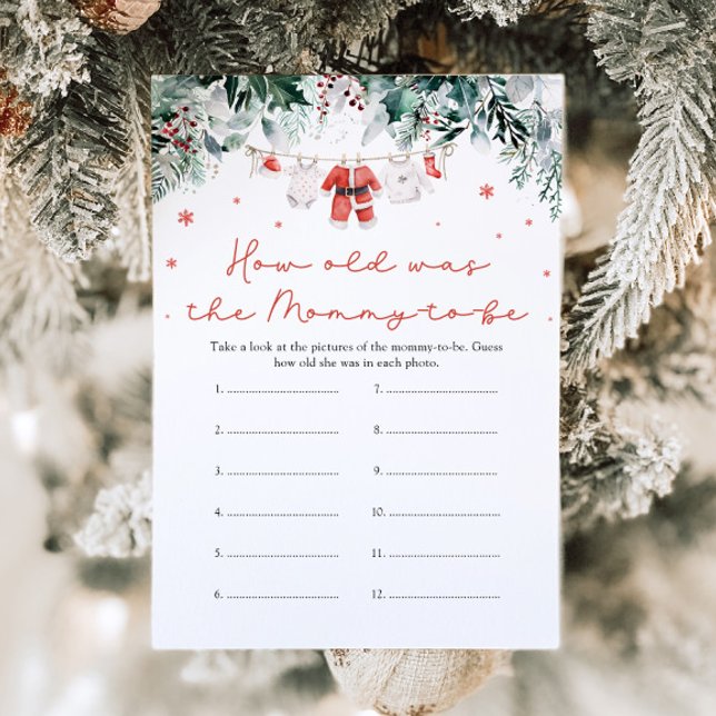 Invitation Noël Rouge Père Noël Bébé Quel Âge A Été Maman Jeu (Watercolor Christmas Red Santa Baby How Old Was Mommy Game)