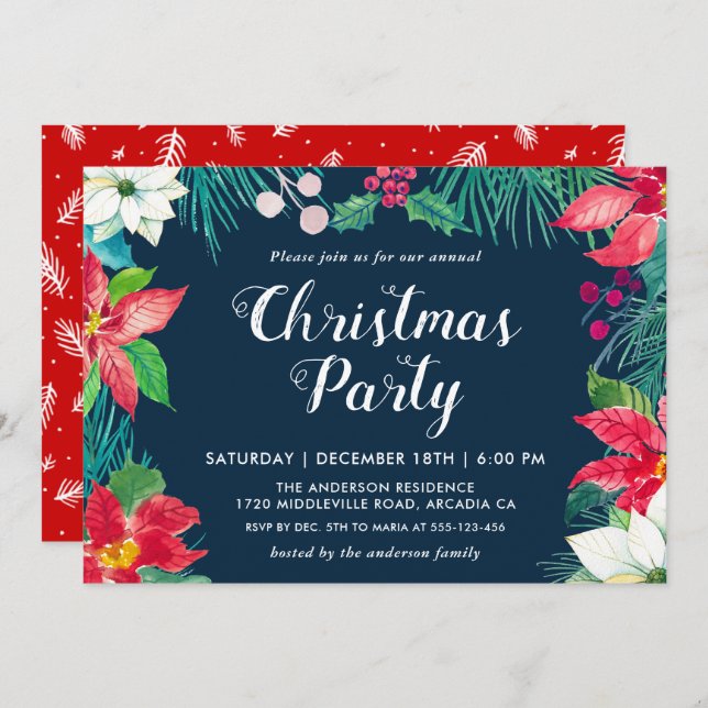 Invitation Noël Rouge Poinsettia Fête de Fêtes Florales (Devant / Derrière)