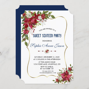 Invitation Noël Rouge Poinsettia Gold Sweet sixteen