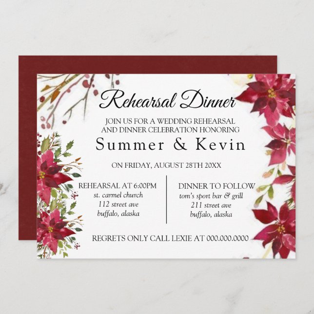 Invitation Noël Rouge Poinsettia Mariage Dîner de répétition (Devant / Derrière)