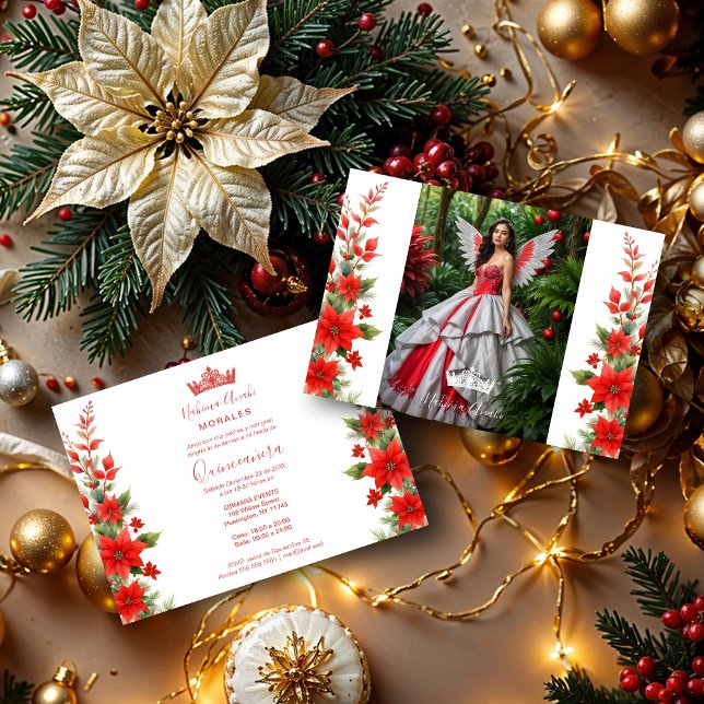 Invitation Noël Rouge Poinsettias Inspirations Chic Floral (Christmas Red Poinsettias Inspirations Chic Floral Spanish Photo Mis XV Invitations Cards with Glam )