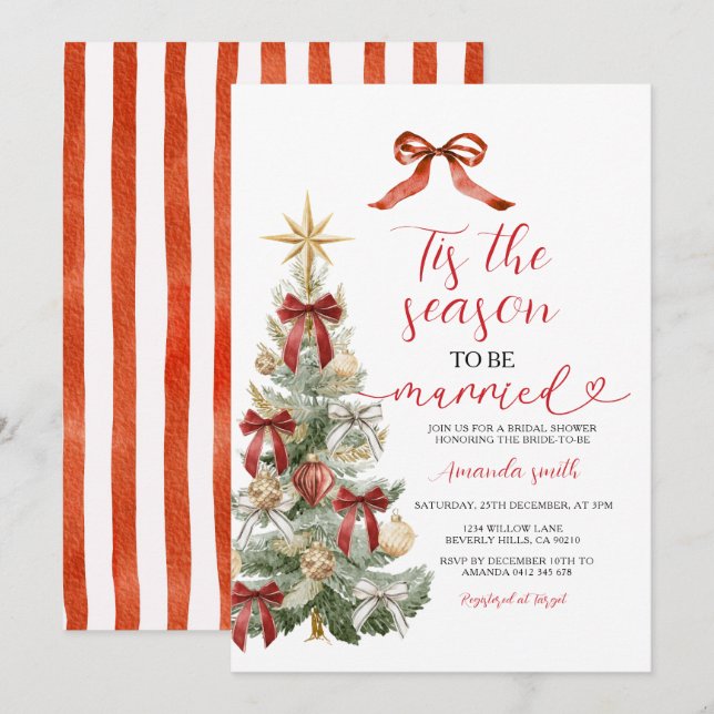 Invitation Noël Ruban Rouge Arbre Couple Mariage (Devant / Derrière)