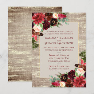 Invitation Noël Russe Boho Floral Bourgogne or Burlap