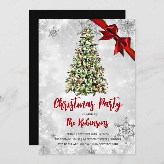 Invitation Noël | Rustic Tree & Red Ribbon Holiday Glam (Devant / Derrière)