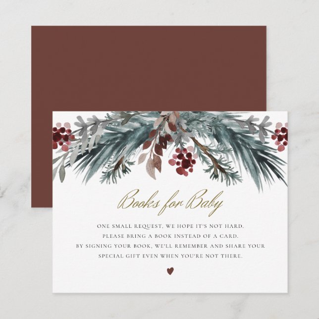 Invitation NOEL Rustic Winter Pine Books for Baby (Devant / Derrière)