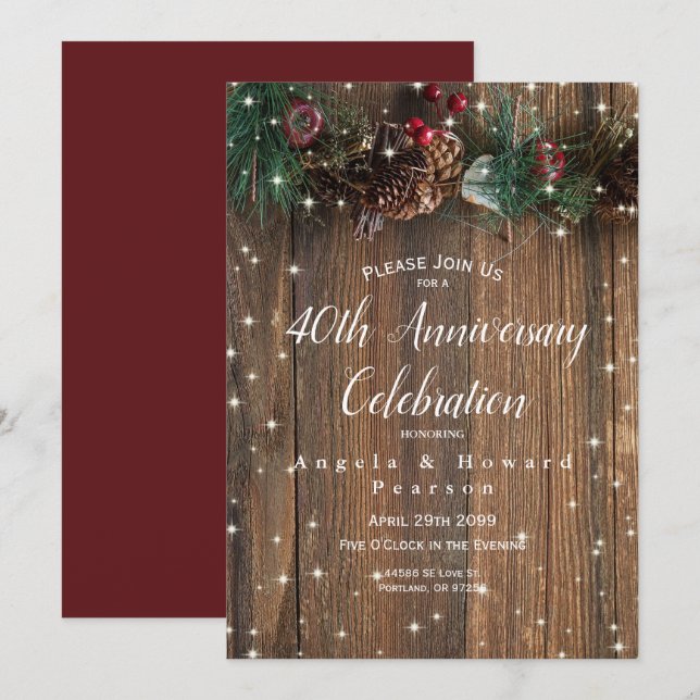 Invitation Noël rustique à la campagne pour 40 ans de mariage (Devant / Derrière)