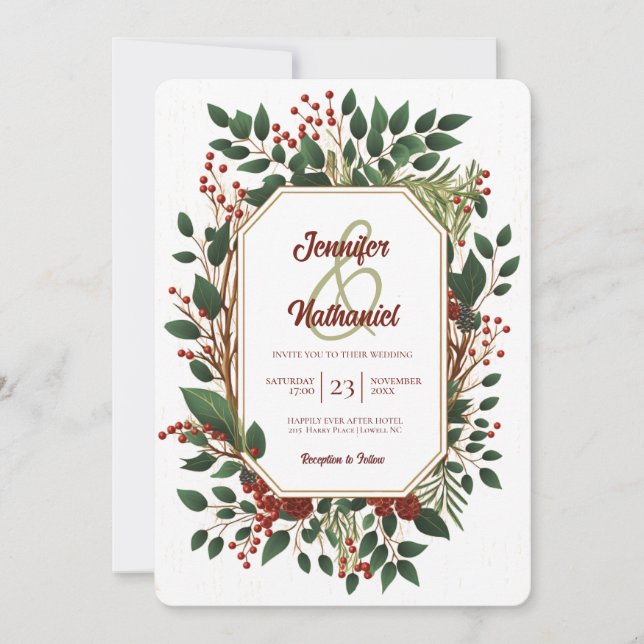 Invitation Noël rustique avec feuillage en bois mariage festi (Devant)