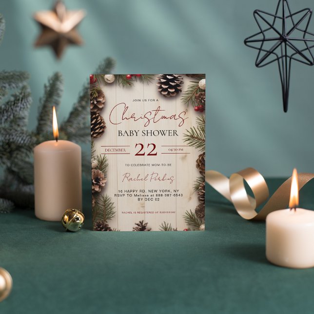 Invitation Noël rustique Bébé sur Bois Baies de Pin (Créateur téléchargé)