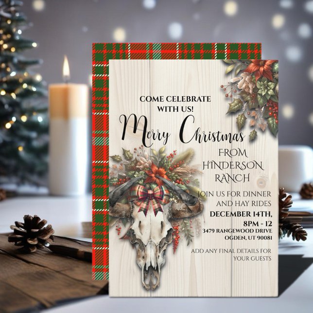 Invitation Noël Rustique De Ranch Avec Crâne De Vache (Enjoy this Festive Christmas design! Personalize with your favorite holiday event or greeting. )