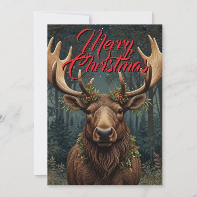 Invitation Noël rustique élan cerf boho forêt boisée  (Devant)