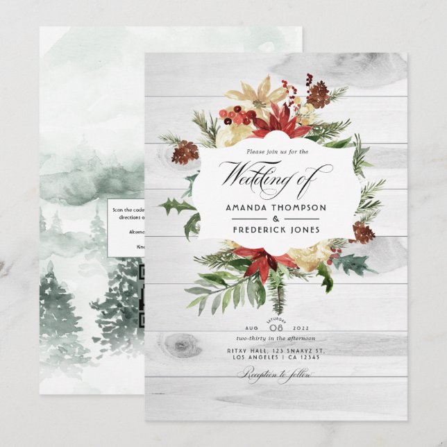 Invitation Noël Rustique en Bois d'Hiver Code QR Mariage (Devant / Derrière)