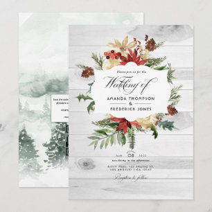 Invitation Noël Rustique en Bois d'Hiver Code QR Mariage