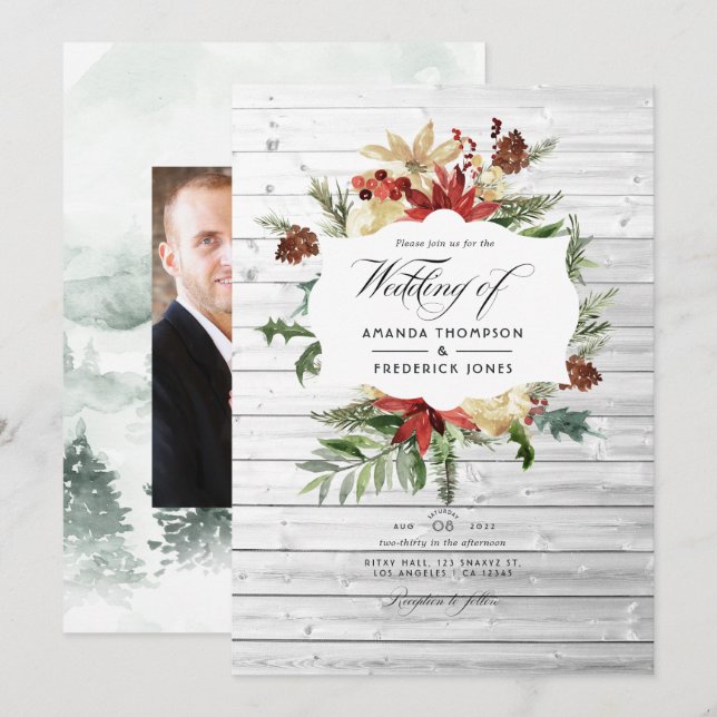 Invitation Noël Rustique en Bois d'Hiver Photo de Mariage (Devant / Derrière)