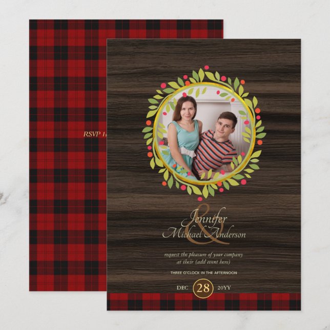 Invitation Noël rustique vintage PHOTO TOUT ÉVÉNEMENT BuffPla (Devant / Derrière)