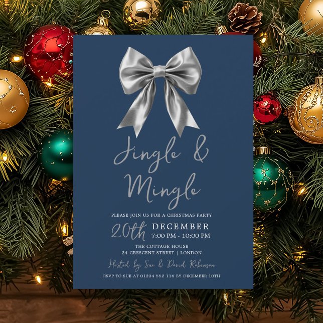 Invitation Noël Silver Jingle Mingle Bow Party Marine  (Silver Jingle Mingle Christmas Party Bow Navy Invitation)