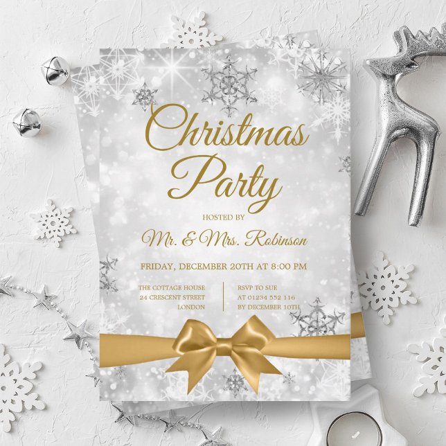 Invitation Noël Soie hiver étincelle Gold Ribbon (Christmas Party Silver Winter Sparkle Gold Ribbon Invitation)