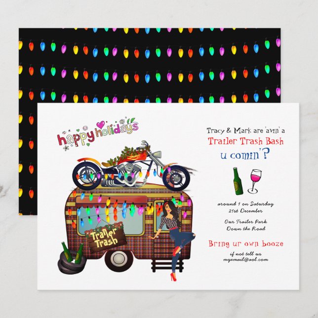 Invitation Noël TRAILER TRASH BASH Funny Party (Devant / Derrière)