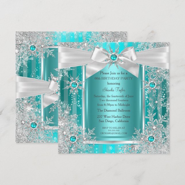 Invitation Noël Turquoise Pays de Merveilles Flocon de Neige  (Devant / Derrière)