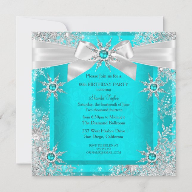 Invitation Noël Turquoise Paysage Hivernal Flocon de Neige Ar (Devant)